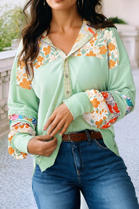 Lace Floral Patchwork Half Button Hooded Pullover