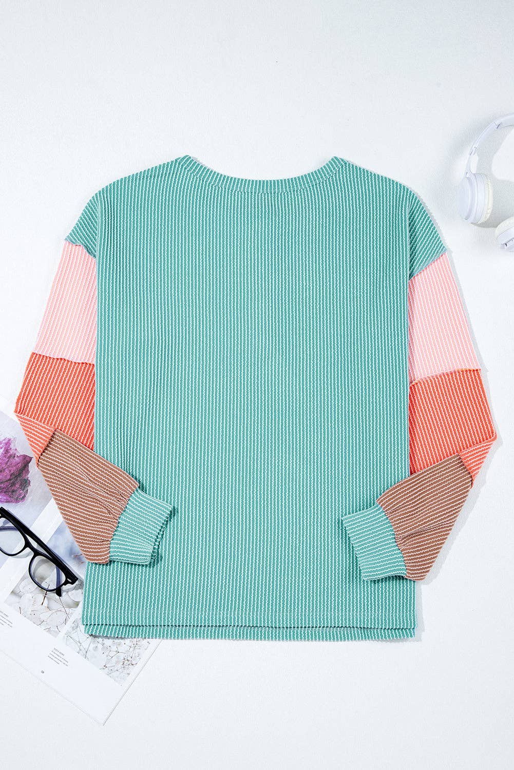 Colorblock Corded Knit Long Sleeve Henley Top