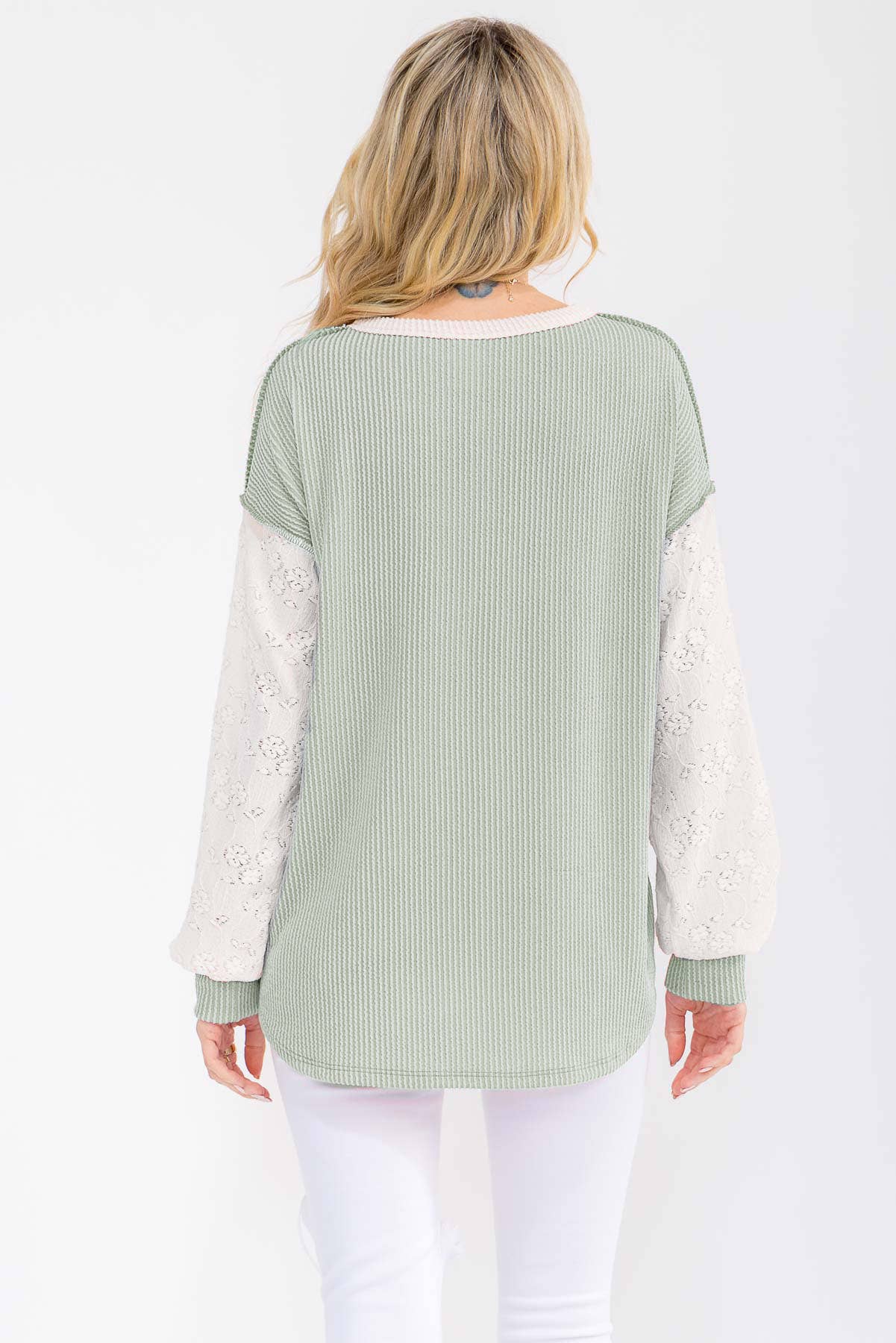 Two Tone Rib Knit Lace Sleeve Henley Top