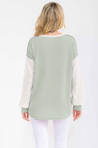 Two Tone Rib Knit Lace Sleeve Henley Top