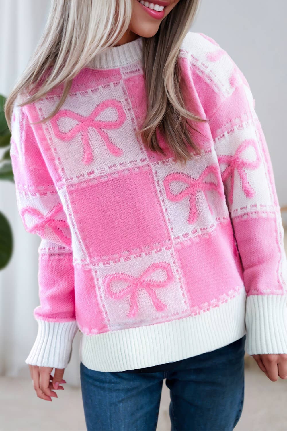 Bow Knot Checkered Knit Sweater