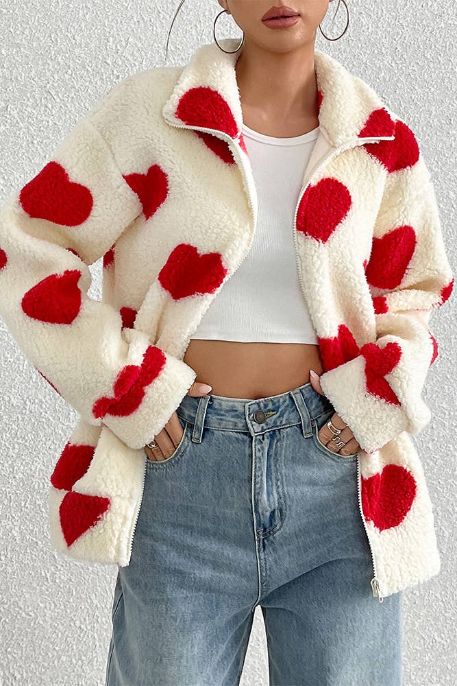 Valentine Heart Pattern Zipper Front Winter Fleece Coat