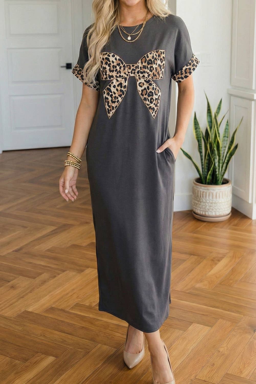 Leopard Bow Short Sleeve T Shirt Maxi Dress
