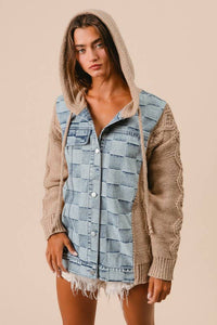 Washed Checker Denim And Sweater Hooded Jacket