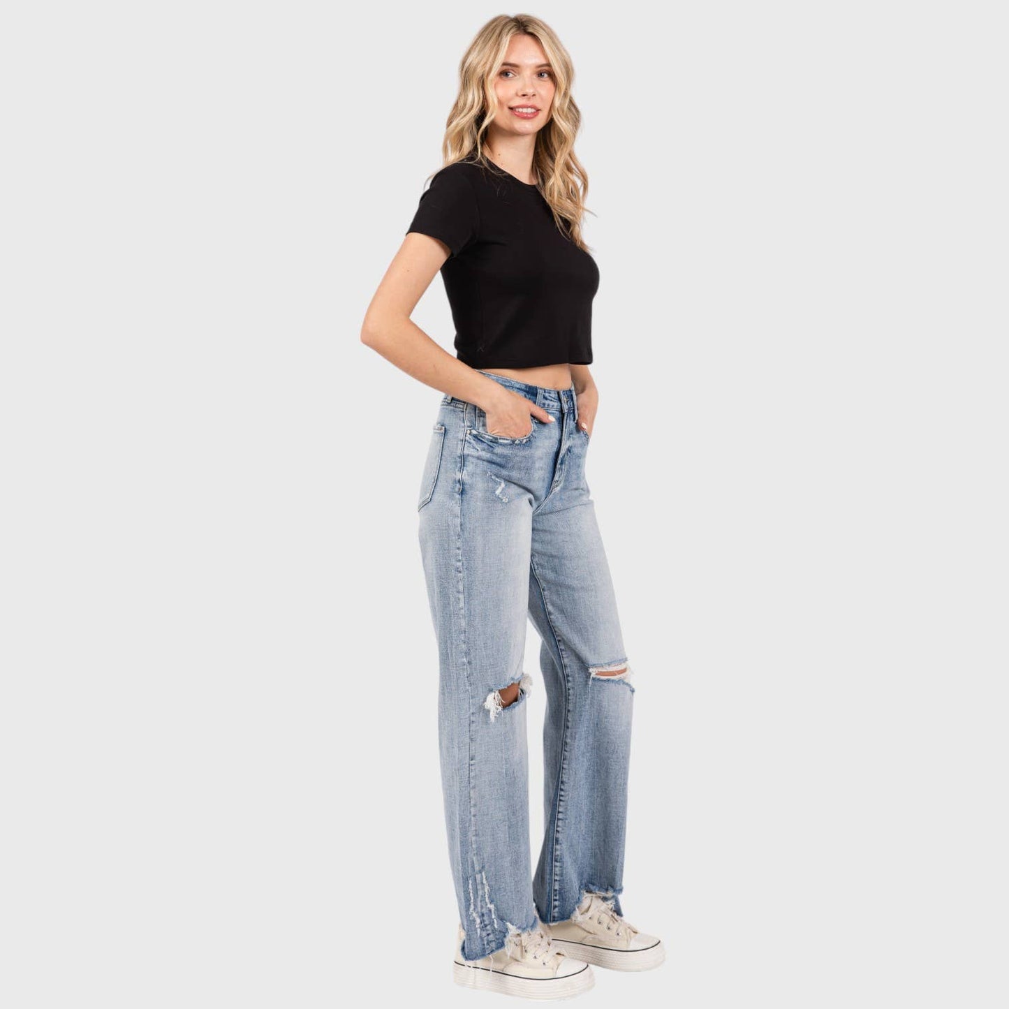 DISTRESSED HIGH RISE COMFORT VINTAGE FLARE JEANS