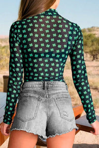 St Patrick Shamrock Long Sleeve Mesh Bodysuit