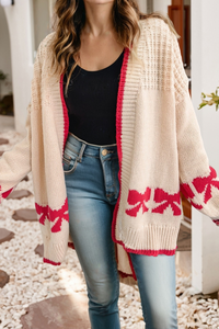 Bow Pattern Textured Open Front Baggy Cardigan
