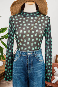 St Patrick Shamrock Long Sleeve Mesh Bodysuit
