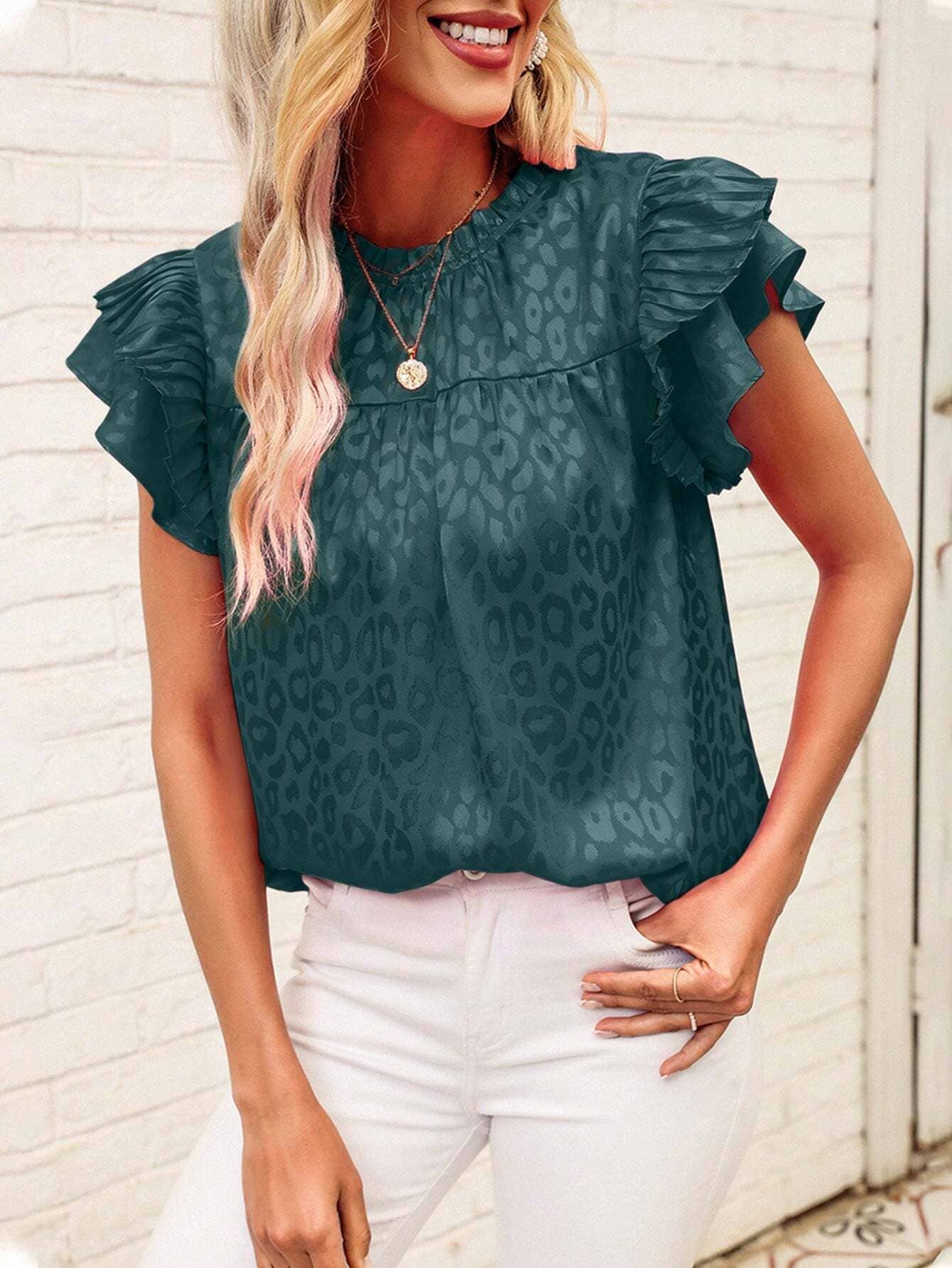 Satin Leopard top ruffle t-shirt
