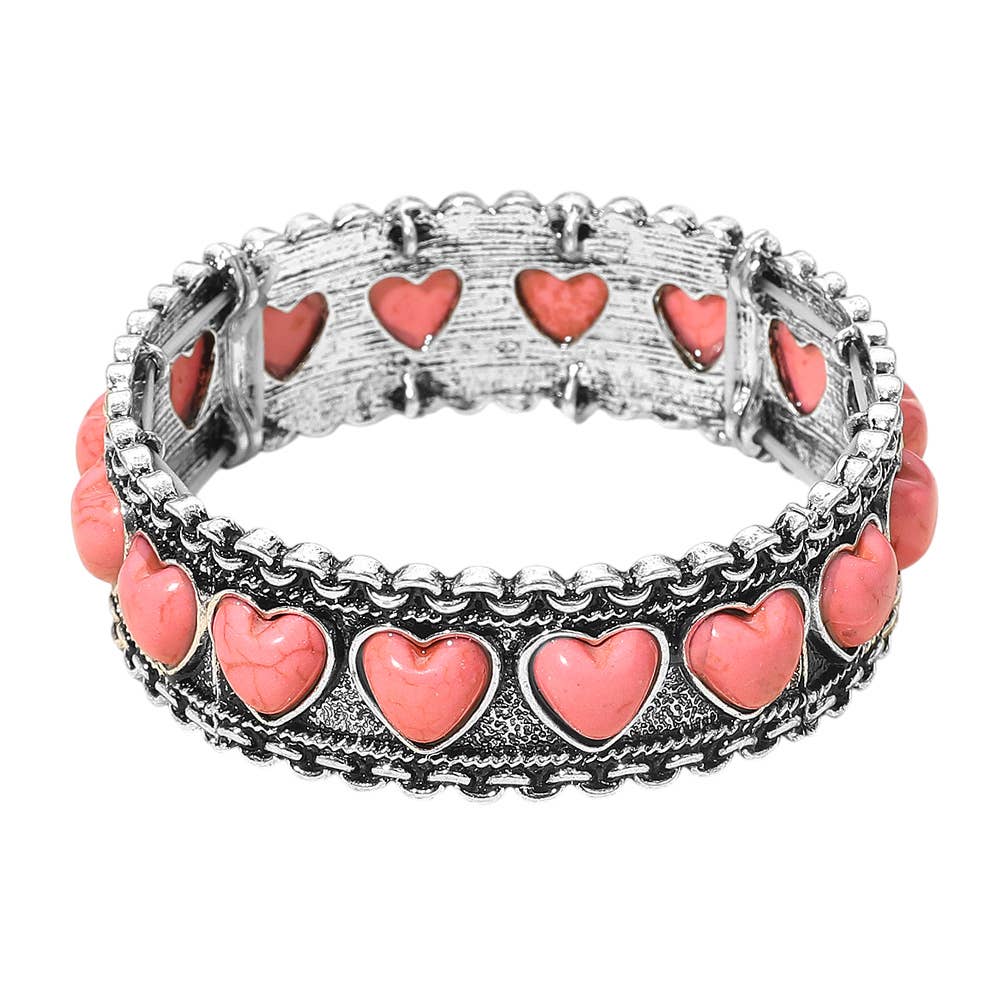 Antique Metal Boho Heart Stone Accent Stretch Bracelet