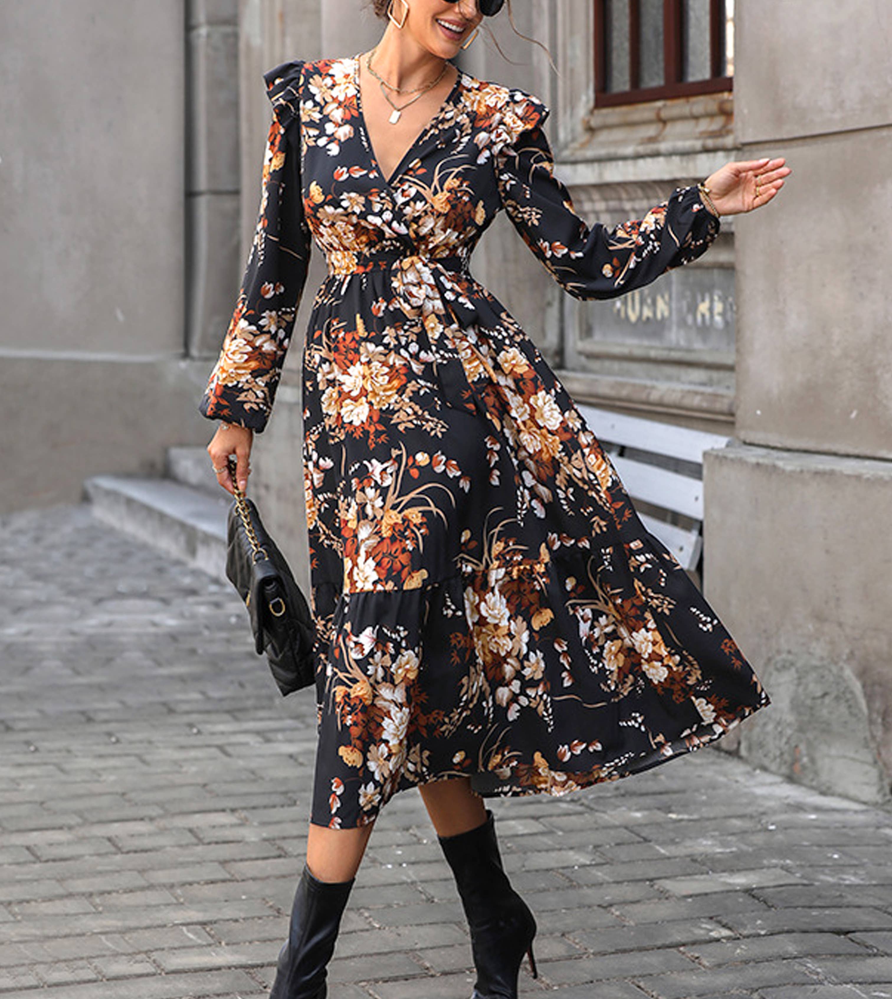V-Neck Vintage Print Autumn Dress
