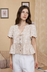 Floral Embroidery Front Tie Scalloped Peplum Top
