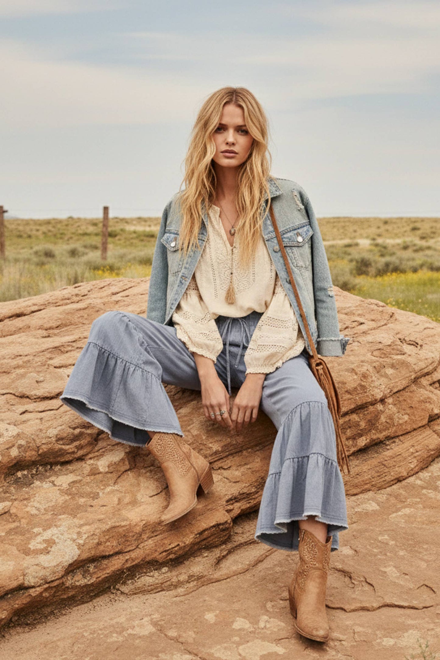 Stone Washed Woven Tiered Ruffle Wide Leg Pants