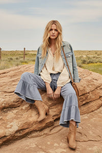 Stone Washed Woven Tiered Ruffle Wide Leg Pants