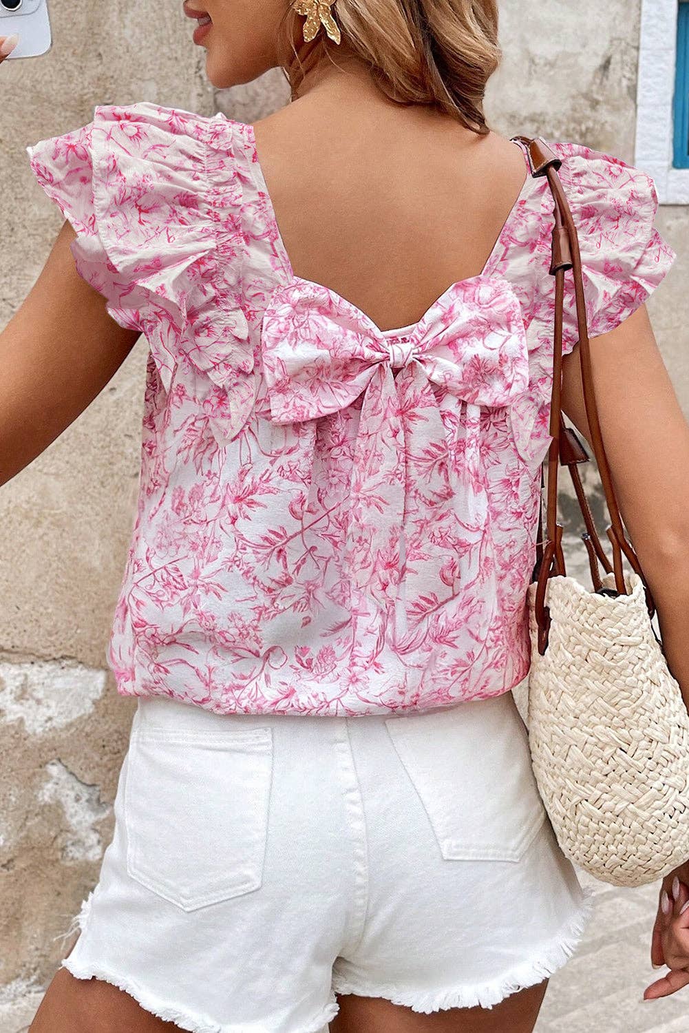 Floral Ruffle Bow Back Summer Blouse