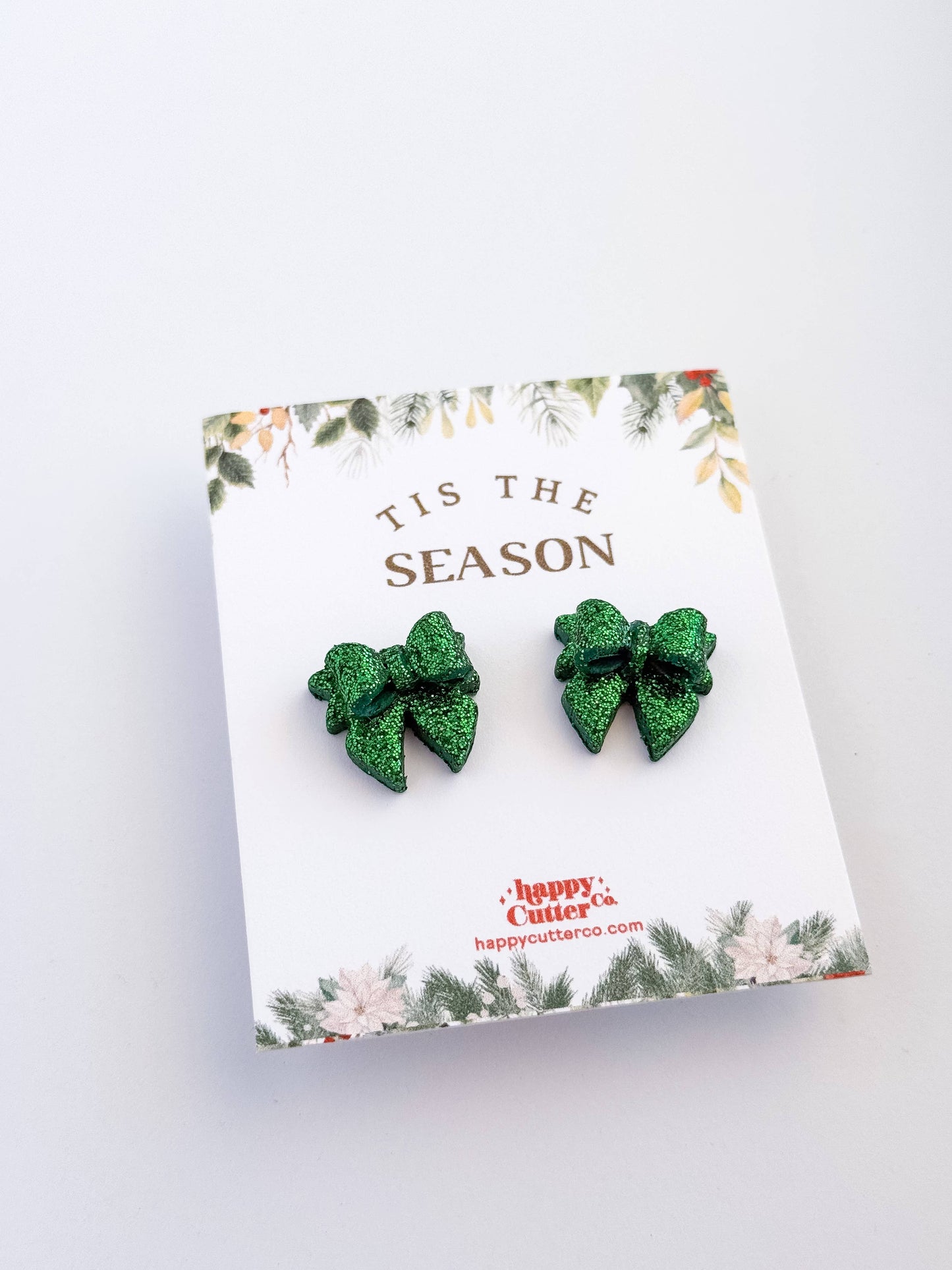 Christmas Studs - Green Glitter Bow Holiday Stud Earrings