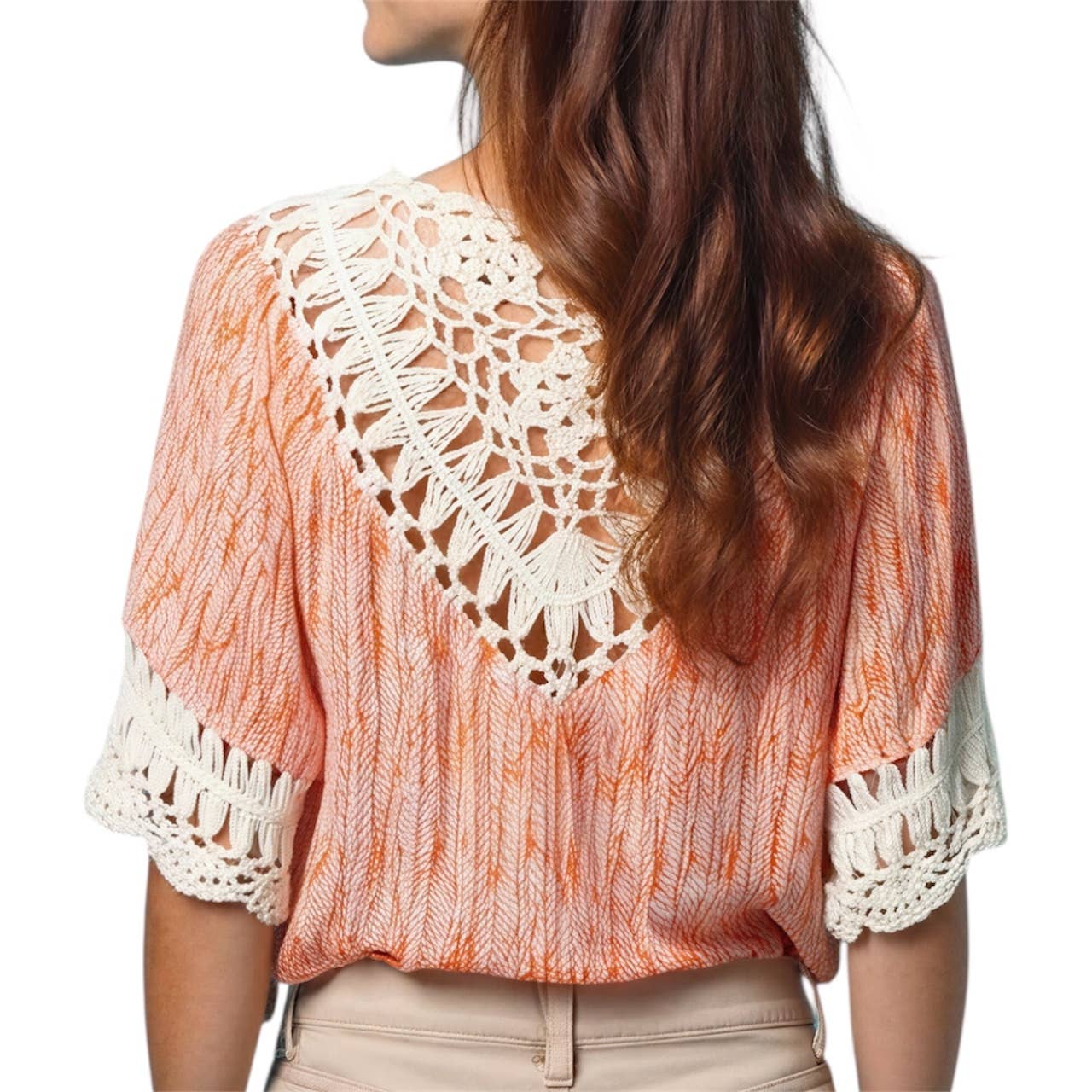 Shania Crochet Drape Blouse in Coral Navajo Print