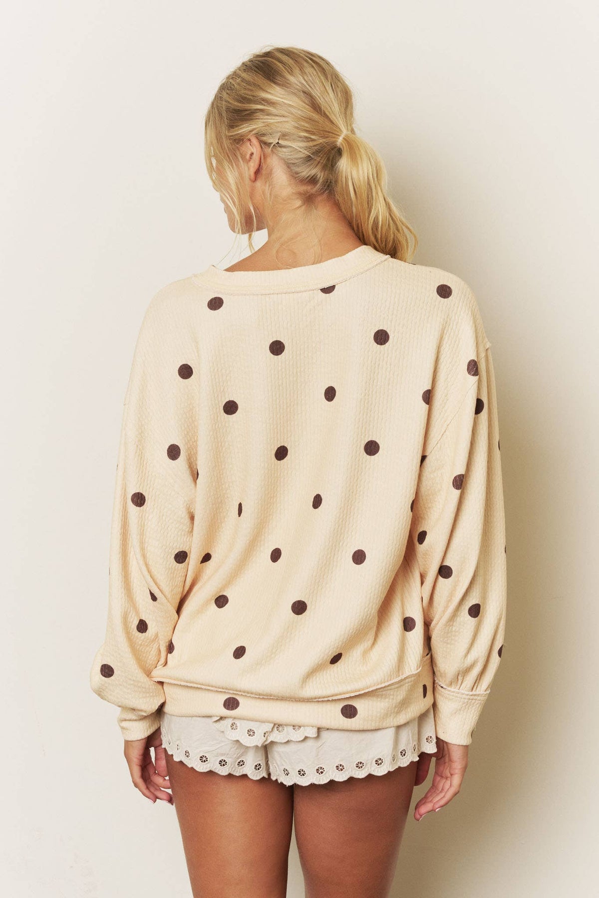 Polka Dot Long Sleeve Textured Top