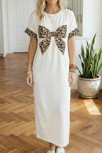Leopard Bow Short Sleeve T Shirt Maxi Dress