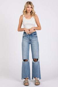 High Rise Stretch Slim Wide Leg W/ Destroyed Hem