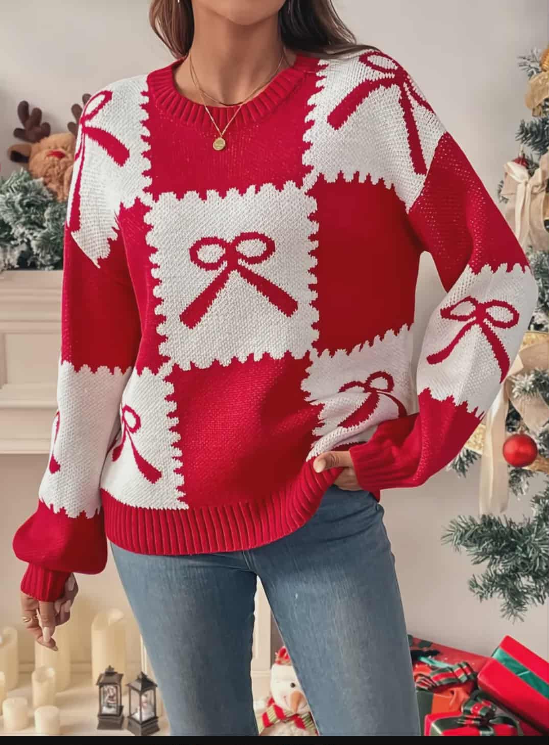 Cable-Style Bow Holiday Sweater