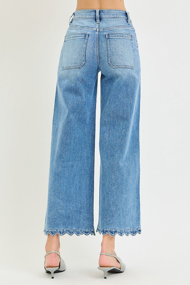 Risen Wide Leg Scallop Patch Pocket Jeans