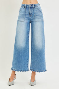 Risen Wide Leg Scallop Patch Pocket Jeans