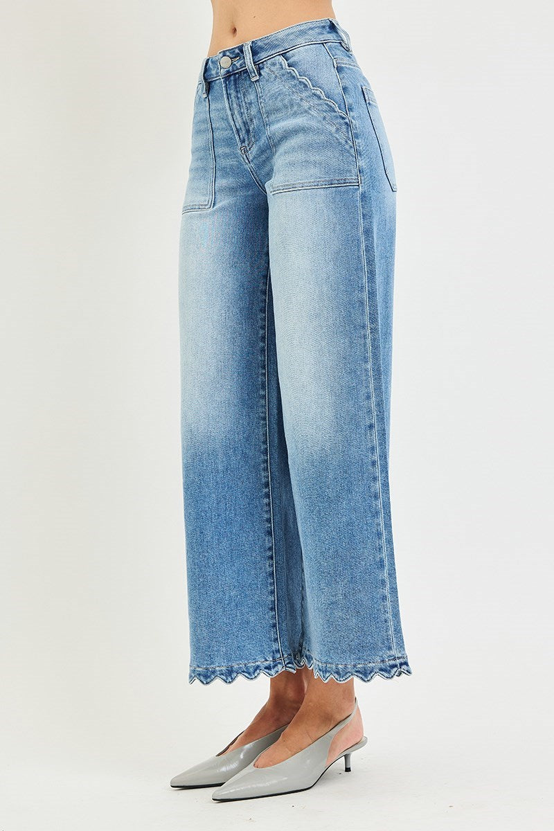 Risen Wide Leg Scallop Patch Pocket Jeans