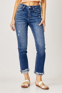 High Rise-Crop Straight Distressed Cuffed Jeans