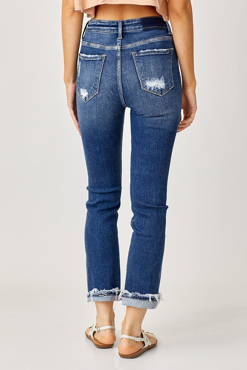 High Rise-Crop Straight Distressed Cuffed Jeans