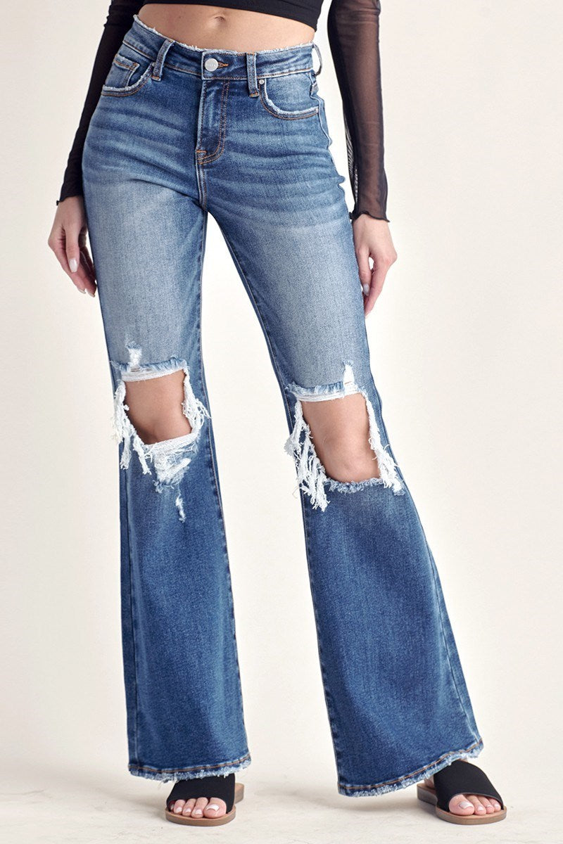 Mid Rise Distressed Flare Jeans