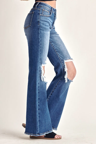 Mid Rise Distressed Flare Jeans