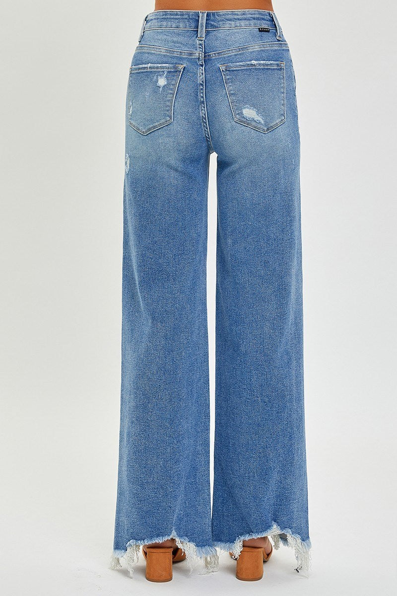 High Rise Frayed Hem Wide Leg Jeans