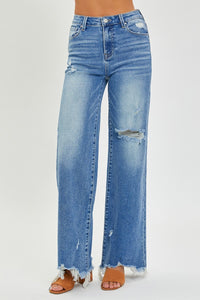 High Rise Frayed Hem Wide Leg Jeans