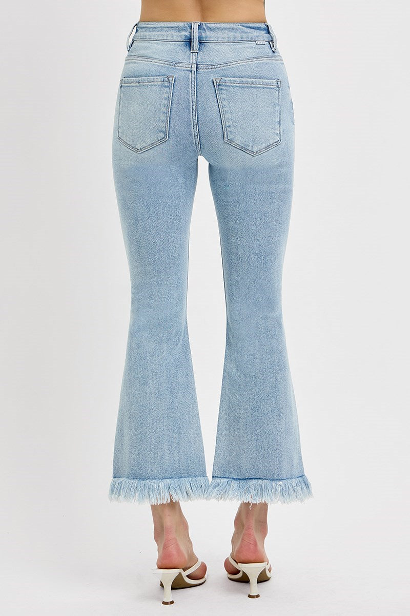 Crop-Flare Side Slit Frayed Jean