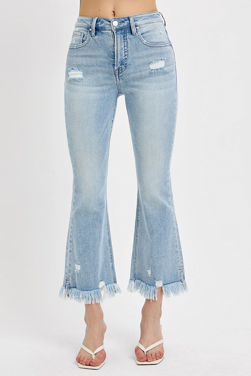 Crop-Flare Side Slit Frayed Jean