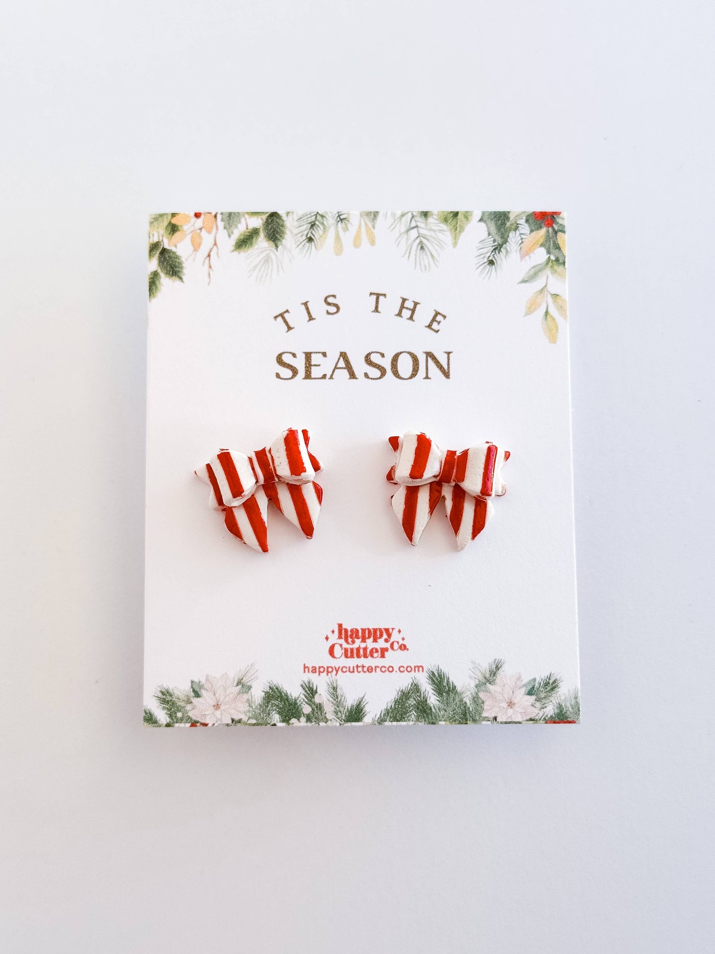 Christmas Studs - Red & White Striped Bow Holiday Earrings