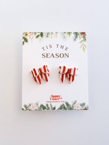 Christmas Studs - Red & White Striped Bow Holiday Earrings