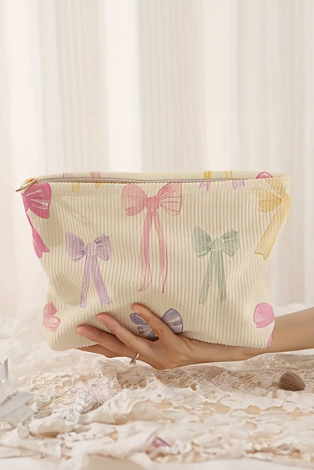 Bow Knot Print Zipper Corduroy Large Cosmetic Bag