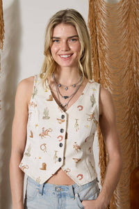 Western Print Button Down Denim Vest Top