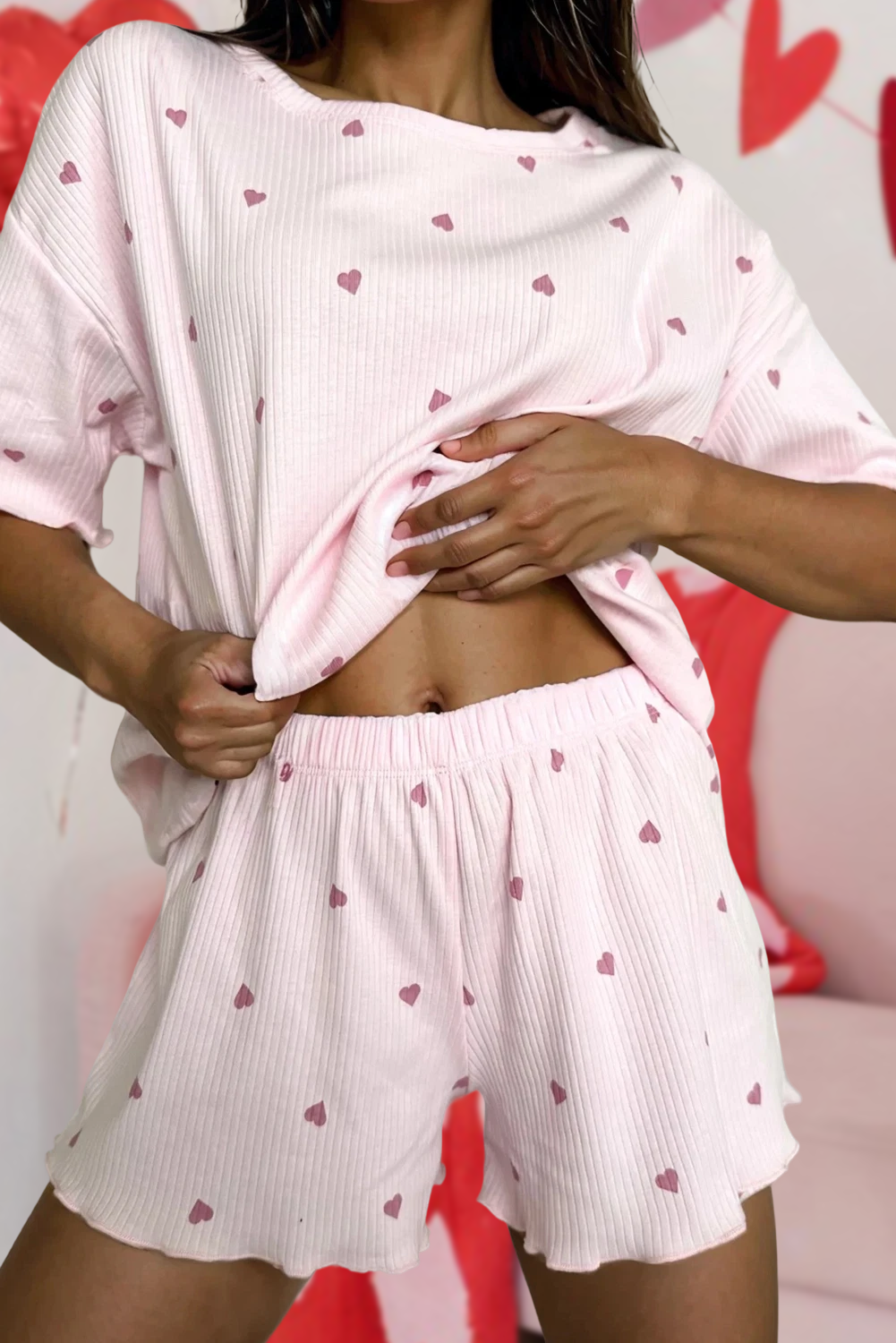 Valentines Heart Print Ribbed Short 2pcs Lounge Set