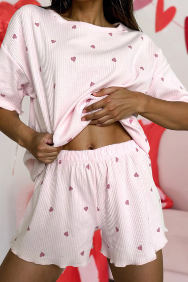 Valentines Heart Print Ribbed Short 2pcs Lounge Set