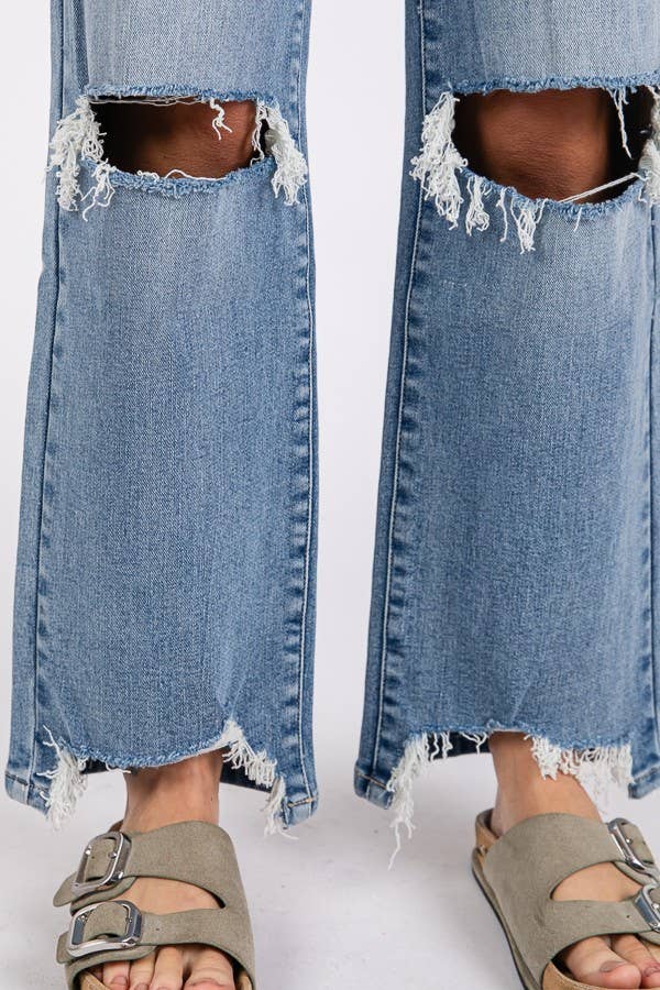High Rise Stretch Slim Wide Leg W/ Destroyed Hem