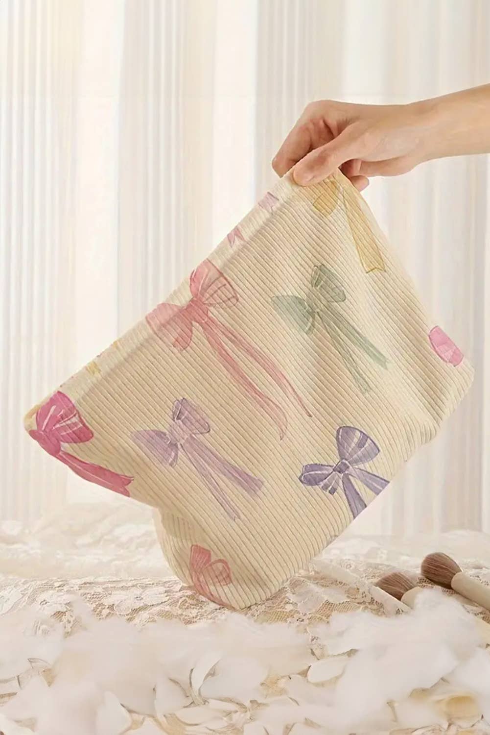 Bow Knot Print Zipper Corduroy Large Cosmetic Bag