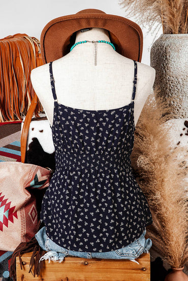 Fashion-W Floral Print Spaghetti Strap Buttoned Tank Top