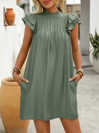 Ruffled Sleeves Panelled Stand-Up Collar A-Hem Dress