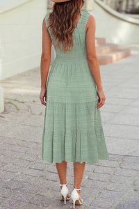 Shirred Pleated Square Neck Sleeveless Midi Dress