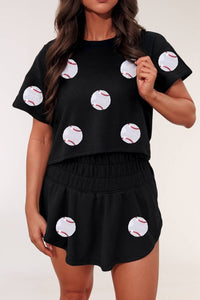 Baseball Print Cropped Tee and Ruffle High Waist Skort Set