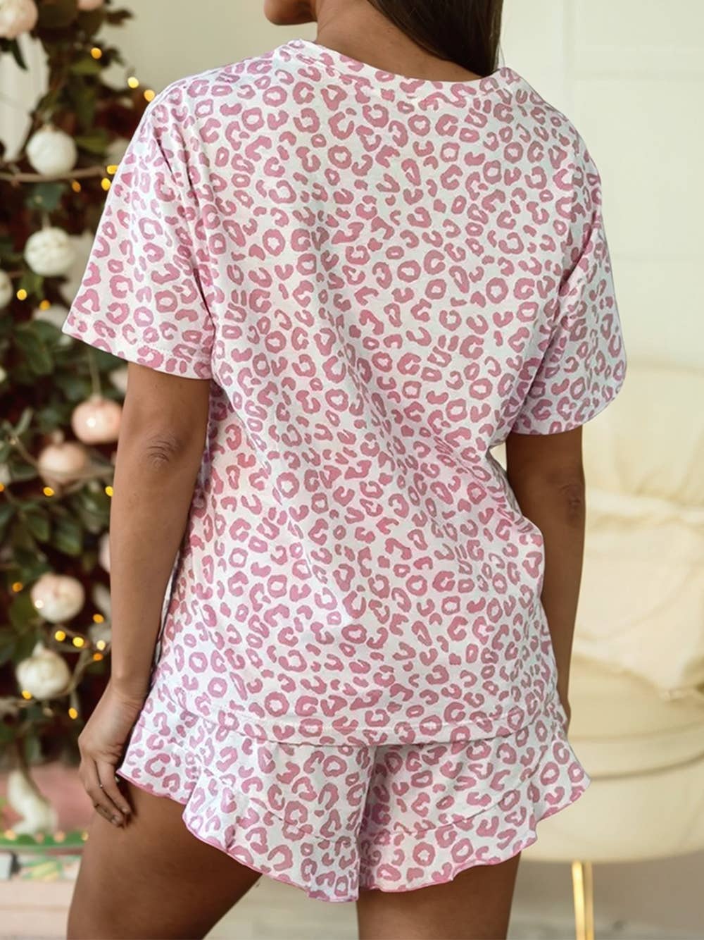 Leopard Crew Neck Tee and Ruffled Shorts 2 pcs Lounge Set