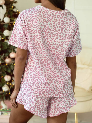 Leopard Crew Neck Tee and Ruffled Shorts 2 pcs Lounge Set